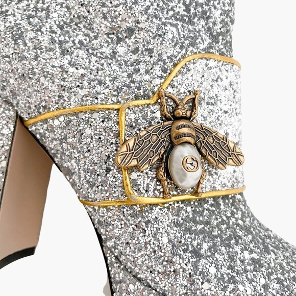 Gucci Soko Platform Ankle Boots EU 36 US 6 Silver Glitter GG Pearl Bee Heel - Picture 14 of 15